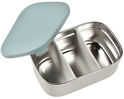Beaba Stainless Steel Lunch Box, Kids Lunch Box with Silicone Lid, Bento Style Food Containers, Removable Silicone Dividers Make 1-3 Compartments, Rain