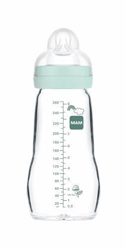 MAM Glasflasche, 2-4 Monate, 260 ml, mit Sauger 2 mit mittlerem Durchfluss aus Silikon, leicht zu reinigen, Blau, 1 Stück