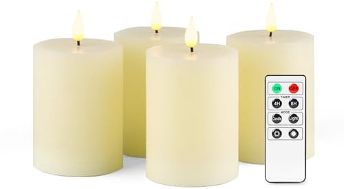 Fanna Flameless LED Pillar Candles with Timer for Wreath, Battery Operated Rustic Wax Candles with Remote for Christmas, 8 Batteries Included - Set of 4 (D 7.5cm x H 10cm) - Ivory