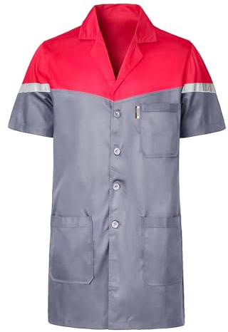 Yukirtiq Homme Blouse de Laboratoire Manches courtes Blouse de Travail Léger Blouse d'Atelier Respirant Bleu de Travail d'été Polycoton Veste de Travail, Gris foncé+Rouge, XL