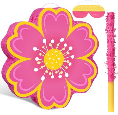 Aoriher Daisy Flower Piñata Set with Blindfold and Bat Pink Flower Piñata Daisy Hippie Boho Game for Birthday Baby Shower Gender Reveal Wedding Floral Party Supplies Decorations (Pink Flowers)
