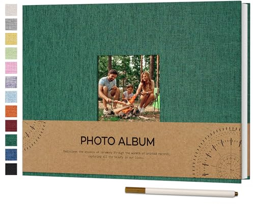 Vienrose Self Adhesive Photo Album with Picture Window for 4 x 6 Photos, Linen Cover DIY Scrap Book Album 40 White Pages for Travel, Photo Book with a Ballpoint Pen, 21.5 x 30 cm, Dark Green