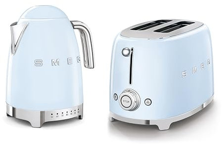 Smeg 50’s Style Retro Range Breakfast Set, 1.7L 3000W Variable Temperature Kettle and Multi-Functional Control 2-Slice 950W Toaster, Pastel Blue, KLF04PBUK/ TSF01PBUK