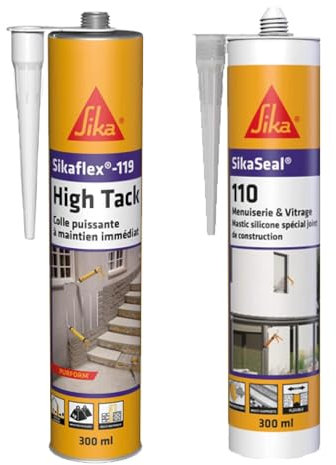 SIKA - Colle polyuréthane puissante - Pour fixation d'objets lourds - Intérieur et extérieur - Blanc - 300ml + Mastic Silicone pour joint de menuiserie & vitrage - Multi-supports - Transparent - 300ml