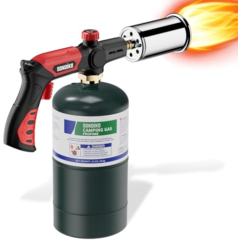 Sondiko Potente antorcha de propano para parrilla y cocina L8010, Sous Vide, arrancador de fogata, quemador de madera ajustable para asar filetes, barbacoa, soldadura (rojo y negro) tanque de propano
