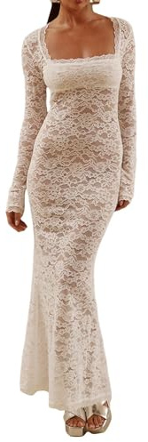 Vestidos de Noche Largos para Mujer Vestido Floral de Encaje con Cuello Cuadrado y Manga Larga-Blanco-M