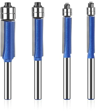 4 Pcs 1/4 Inch Shank Flush Trim Router Bit Set, Cutting Diameter 1/4 5/16 3/8 1/2, Professional Woodworking Milling Cutter Tools with Bearing