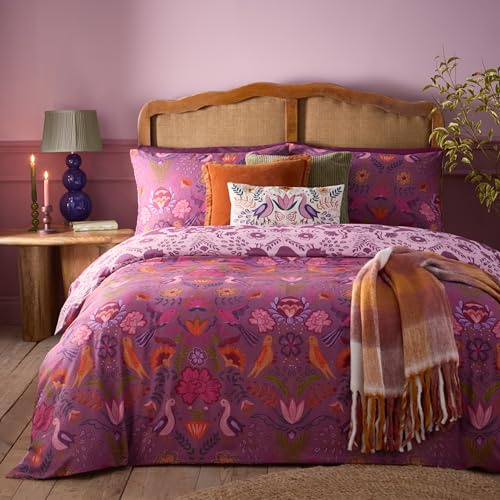 furn. Broderie Juego De Funda Nórdica - Reversible Bordado Floral Pájaros Ilusorios Mezcla De Algodón Fácil Cuidado Ropa De Cama (Damson – Doble – 200x200cm)