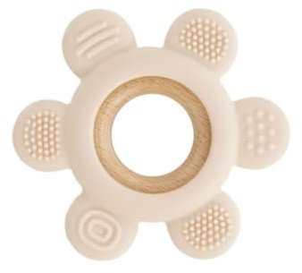 Jané Beißring aus Silikon und Holz, leicht zu greifen, Beißspielzeug mit 6 Texturen, BPA-frei, ab 3 Monaten, geeignet für Sterilisator, Gefrierschrank, Spülmaschine, Sandfarben