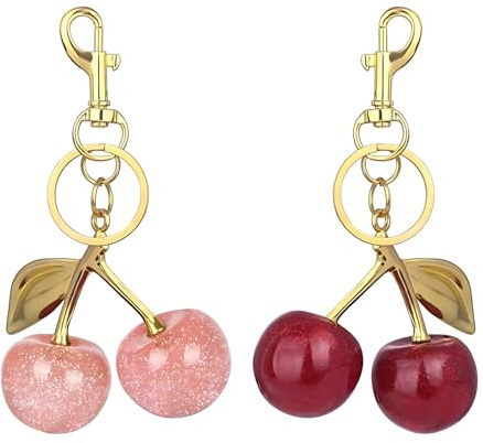 ZexJpr Lot de 2 pendentifs de sac avec motif cerises - Pour femme - Porte-clés en résine rouge foncé et rose - Cadeau idéal pour la fête des mères et un anniversaire
