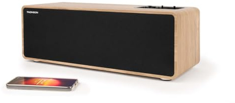 THOMSON Cosy 150 W stereohögtalare, Bluetooth 5.3, USB-uppspelning, fjärrkontroll, rekommenderas för hemmabio, smartphone, vinylskiva, PC och videospelskonsol i trä - WS852