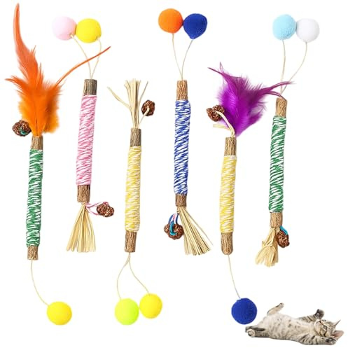 GZGRYTRC Cat Toys, 6PCS Colorful Catnip Feather Teaser Wand Chew Sticks, Interactive Kitten Toys for Indoor Cats Adult, Durable Cat Chew Toy with Natural Silvervine