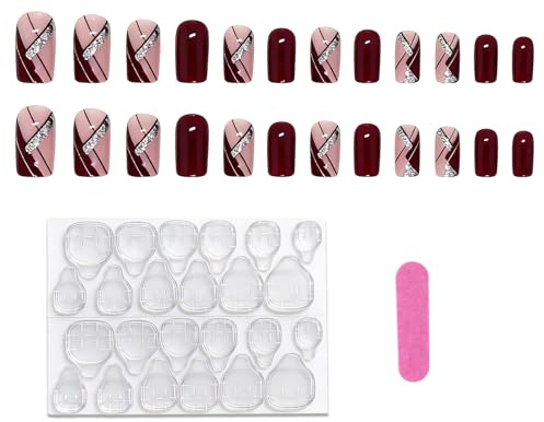 XENQITO 24 Pezzi Unghie Finte Adesive Rosso Press on Nails Unghie finte corte French Press on Nails Acrilico Copertura Completa Stick sulle Unghie Artificiali per Donne Ragazze Nail Art