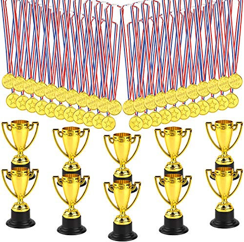 FEPITO 50 teiliges Trophäen Medaillenset, 10-teiliger Goldplastikpokal und 40-teiliges Gewinnergold für Kid Party Sports Awards