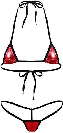 ranrann Mikrobikini, sexig, dam, metallisk glans, baddräkt, body-string-bh, erotisk, badkläder, badkläder, Färg: röd, One size