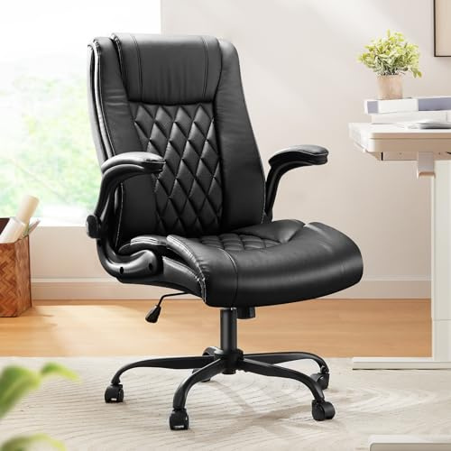 Marsail Executive Office Chair with Flip-up Armrests,PU Leather Ergonomic Desk Chair Height-Adjustable Swivel Rolling Computer Desk Chair,Black
