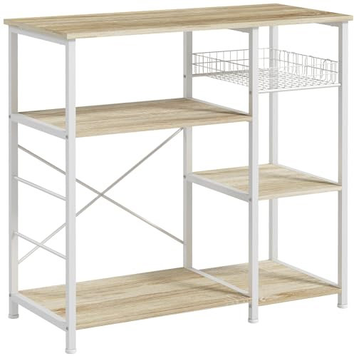 HOMCOM Scaffale da Cucina per Microonde, Mobile Cucina 4 Ripiani con Ganci e Cestino a Rete, Legno e Acciaio, 90x40x84.5cm, Quercia e Bianco