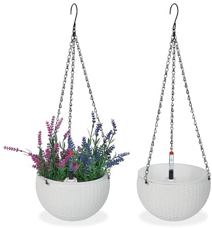 Relaxdays Almacenamiento, Juego de 2 Unidades Pack 2 Macetas Colgantes con Depósito de Agua, 54x18,5 cm, Maceteros Interior y Exterior con Indicador, Blanco, Hierro
