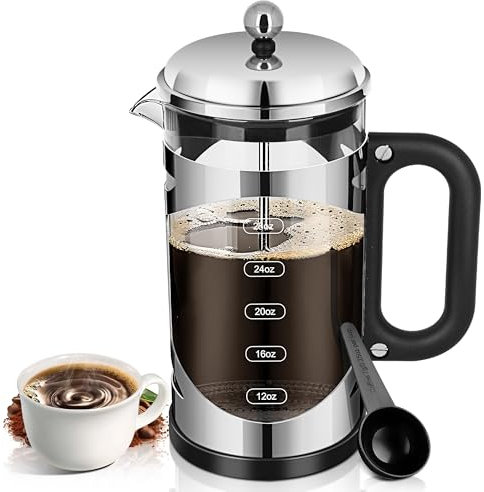 YMMIND Cafetera de prensa francesa de 34 onzas, prensa de café de acero inoxidable cromado, con sistema de filtro de 4 niveles, vidrio de borosilicato de grosor resistente al calor, cafetera preparada