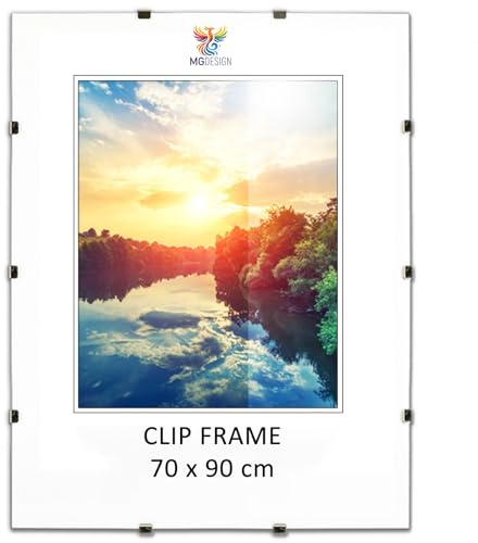 MG Design Cornice con clip, 70 x 90 cm, in vetro acrilico infrangibile, facile da appendere, per poster, foto e certificati