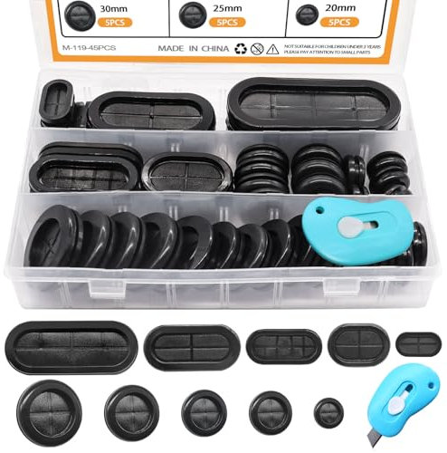 mankk 45PCS Rubber Grommet Kit 10 Size Oval and Round Double Sided Rubber Hole Plug Firewall Hole Plug with Retractable Box Knife for Protecting Cable Wire M-119-45PCS