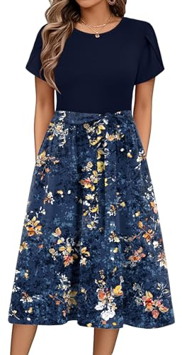 Zeagoo Abiti Estivi da Donna Scollo Rotondo Casual Vestiti Midi Vestito Elegante Manica Corta Floreale Vestito Vita Alta Abito con Tasche FloralC XL