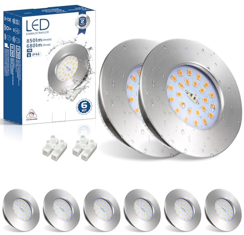Allesgute 6er Einbaustrahler Led Flach IP44 Einbauleuchten für das Bad 7W 850LM Led Spots 230V Nickel Gebürstet Deckenspots 3000K Warmweiß 60-68mm für Badezimmer Küche Wohnzimmer