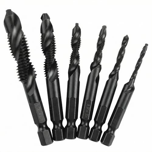QWORK® 6 Packs Drill & Tap Bit Set, M3x0.5/M4x0.7/M5x0.8/M6x1.0/M8x1.25/M10x1.5 Combination Threading Bits, for Aluminum, Wood & Plastic