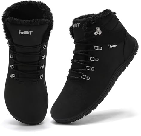 Schuvox Chaussures Barefoot Hiver Femme Homme Bottines Chaudes Fourrées Chaussures Minimalistes Imperméable Bout Large Chaussures de Randonnée Antidérapant Unisex Noir 37EU
