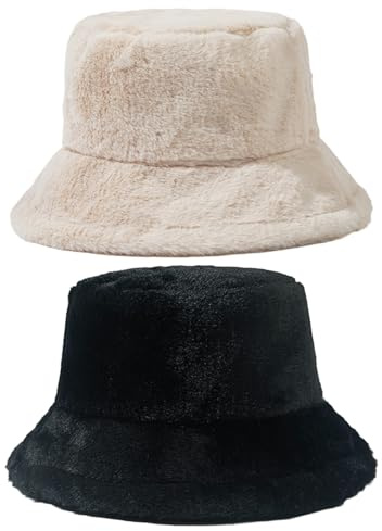 DAVBNM 2PCS Bucket Hat, Warm Fleece Lined Bucket Hats, Winter Warm Furry Bucket Hats, Comfortable Foldable and Cozy Winter Accessory, for Girls and Women Black