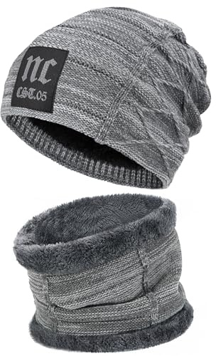 Bequemer Laden Uomo Donna Invernali Cappello in Maglia e Sciarpa con Fodera in Pile, Cappelli e Scaldacollo per Ciclismo, Moto, attività All'Aperto, Taglia Unica, Z-Grigio