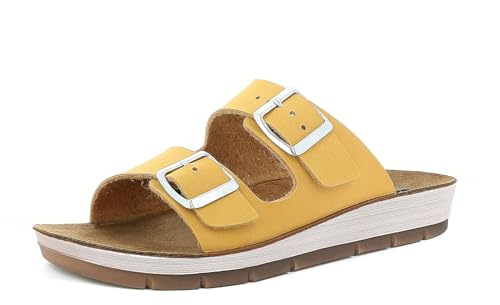 Ciabatte Donna a Doppia Fascia con Maxi Fibbie e Plantare in Vera Pelle, Giallo, 40