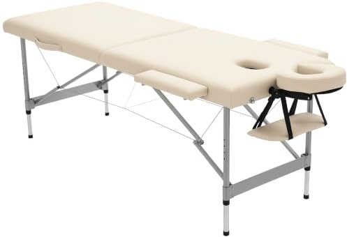 HOMCOM Camilla de Masaje Plegable Altura Ajustable 185x70x58-82 cm Beige | Mesa de Masaje Portátil, 7 Posiciones, Reposacabezas, Marco de Aleación de Aluminio, para Fisioterapia, Carga 130 kg