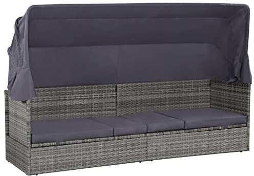 Yolola Outdoor-Sofabett Rattan Gartensofa 3 Sitzer mit Sonnendach Loungebett Outdoor Mit Dach Gartensofa Polyrattan 3-Sitzer Gartensofa Sonnenliege Liege Grau
