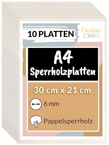Creative Deco 10 x A4 Sperrholzplatte 6 mm Pappelsperrholz | 300 x 210 (+/- 2) mm| Dünne Holz-Zuschnitte laserfähig | Sperrholz Platte perfekt als Baumaterial