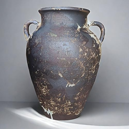 Black Pottery Vase - 10 Rustic Farmhouse vase, Vintage Weathered Terracotta Vases, Handmade Clay vases with Two Handles, Tall Textured Antique Vase for Home Decor, Entryway, Fireplace Mantel Decor