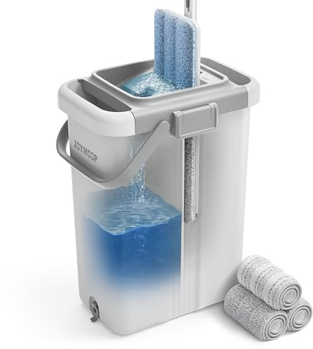 JOYMOOP Mop and Bucket Set - Mops for Floor Cleaning & Wall Cleaner with Long Handle, Include 3 Microfiber Mop Pads - White Bucket (X-Large)