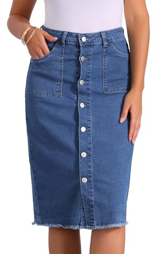 Allegra K Gonna di Jeans Donna con Vita Alta Bottoni Gonna di Denim Midi Gonne Estivo Blu Medio XS