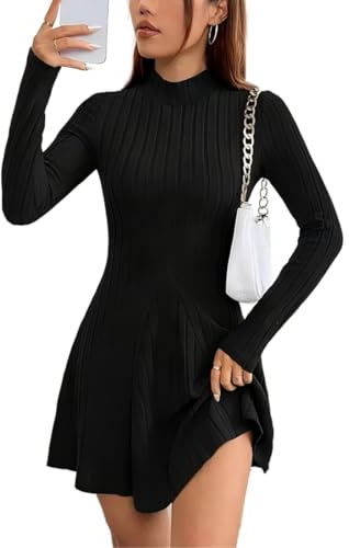 Hanaoops Vestido de Punto de Manga Larga para Mujer Otoño Vestidos Cortos Cuello Redondo Invierno Suéter de Punto Vestido Mini Elegante Túnica Vestidos A-Line Casual Jersey Vestido
