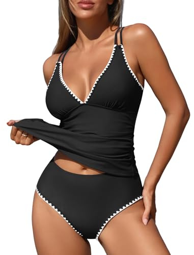 ZAFUL Women's Tankini Swimsuits V Neck Push Up Swim Top Color Block Tummy Control High Waisted Swim Bottom Cheeky Bathing Suits for Women (Black XL)
