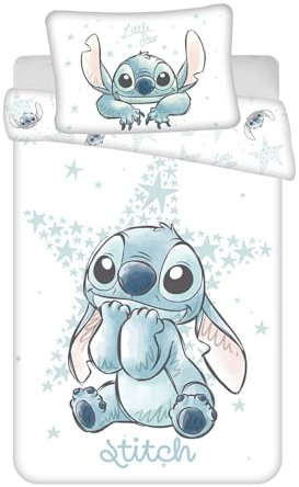 Jerry Fabrics Lilo & Stitch Junior Size Bedding Set | Cot Duvet Cover 100 x 135 cm with Pillowcase 40 x 60 cm | 'White Star' Design | 100% Cotton | Stitch Reversible Bedlinen for Baby