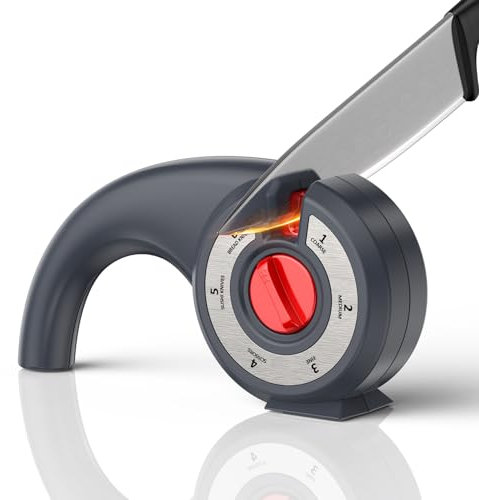 Profi Manuelle Messerschärfer mit 6 Stufen in 1, Einstellbarer Knopf, 3 Stufen Messerschleifer + 3 Extra für Sushi-Messer, Brotmesser & Scheren, Messer schärfen und schleifen wie die Profis