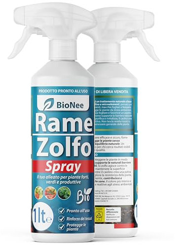 Rame Zolfo Spray – Trattamento naturale pronto all’uso per piante ornamentali, da frutto, orto e giardino – Con rame, zolfo, caolino e microelementi (1 lt)
