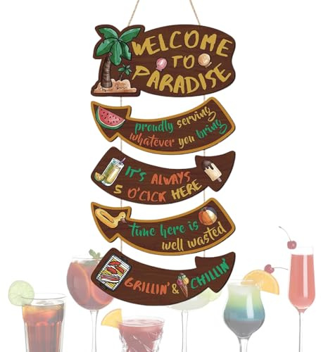 Cartel de Bienvenida para Puerta, Colgante Multicolor Tropical De Madera Para Bienvenida, Decoración De Madera Para Exterior Jardín Porche Playa