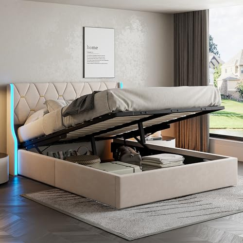 BAJKNIU Letto imbottito 160x200 cm con luci a LED e USB, letto matrimoniale con contenitore idraulico, Funzionale con testiera, Struttura letto con rete a doghe, pu, nero