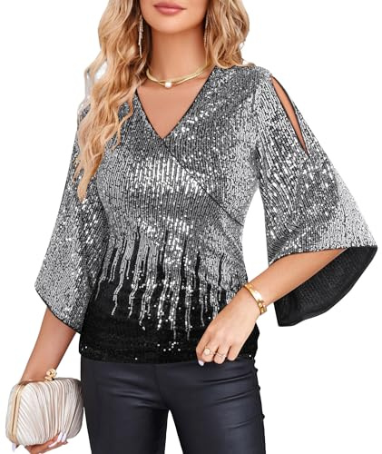 GRACE KARIN Women's Sparkly Sequined Blouses V-Neck Party Top with Ruched Detail for Evening Christmas Black Gradient XL