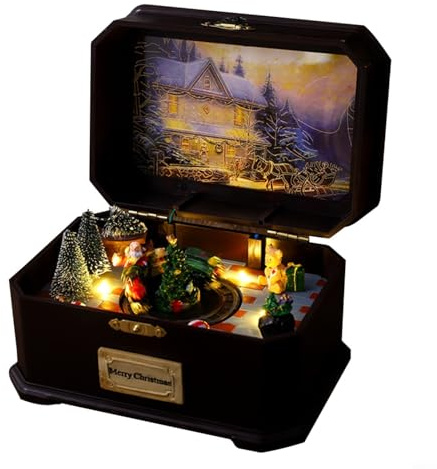 TONIXY Adorno de caja de música giratoria luminosa de Navidad con alimentación USB, reproduce melodías festivas para decoración del hogar y exhibición de jardín (el tren)