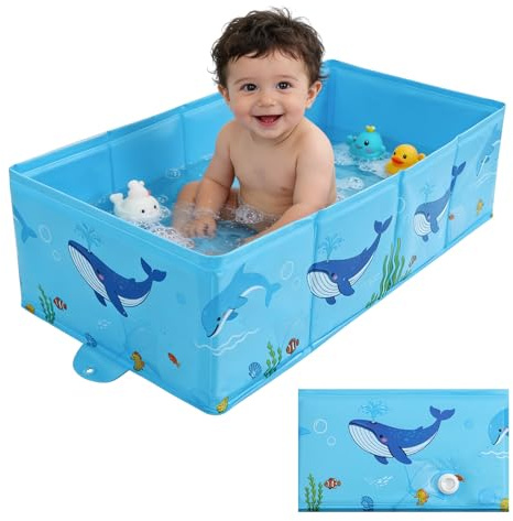 AirSwim Collapsible Baby Bathtub, Portable Baby Bath Tub for 6M-4Y, Blue | Foldable Bathtub for Infant Toddler, Toddler Bathtub for Small Bathroom, Travel Essentials, Drains Quickly, Cleans Easily
