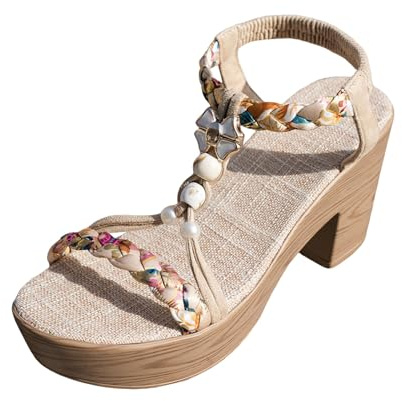 Plattform kil sandaler för kvinnor tjocka block låga klackar bohemiska sandaler elastisk ankelrem plattform uppklädd sandal öppen tå bekväma sommarklackar semester sommarskor, Khaki, 39 EU