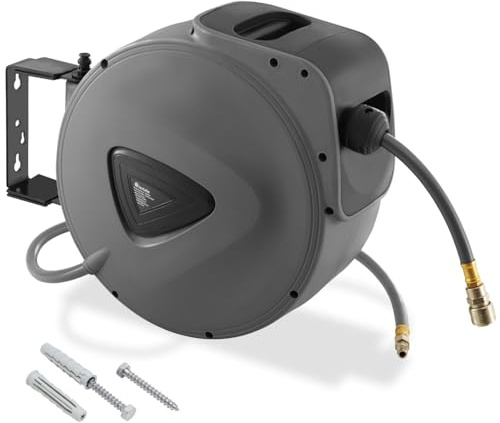 tectake® Enrouleur pneumatique avec tuyau air comprimé 20 m, raccord rapide 1/4, Support mural rotatif à 180° et amovible, 8-12 bars, Dévidoir automatique Enrouleur tuyau air comprimé Atelier Garage